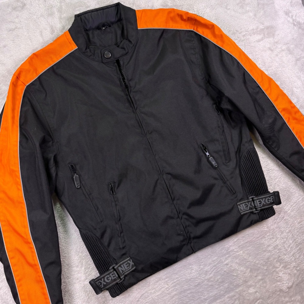 Next Gen Mens Motorcycle Jacket Size Large Black Orange Patch Logo On Back
